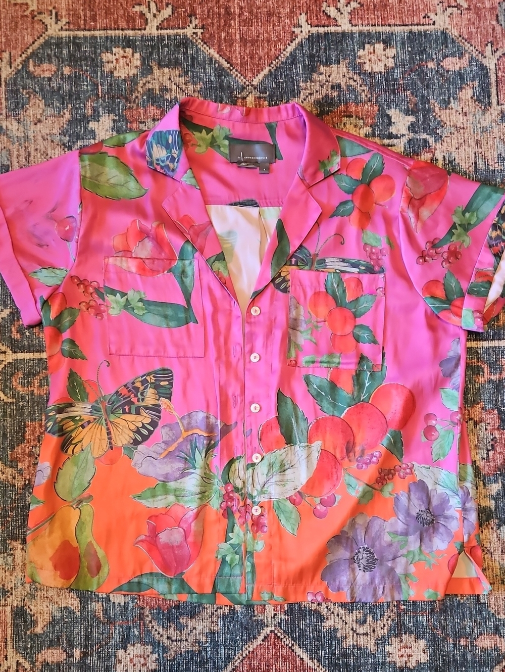 Anthropologie Pink Floral & Fruit Button-Down Shirt